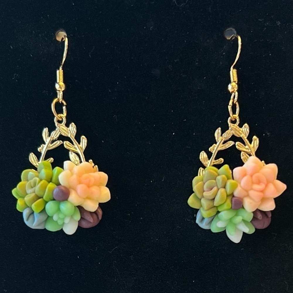 Succulent Cluster Dangle Earrings - Picture 3 of 7